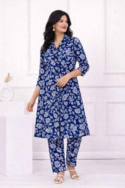 Women’s  Blue Floral Printed Kurta Set – Premium Soft Cotton | 2-Piece Set