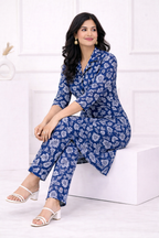 Women’s  Blue Floral Printed Kurta Set – Premium Soft Cotton | 2-Piece Set