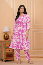 Women’s Pink Floral Printed Kurta Set – Premium Soft Cotton | 2-Piece Set