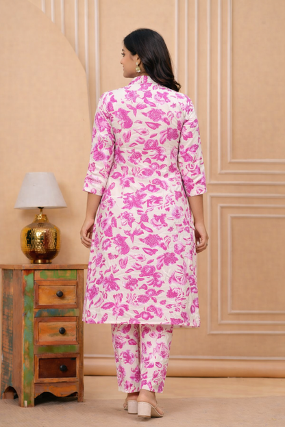 Women’s Pink Floral Printed Kurta Set – Premium Soft Cotton | 2-Piece Set