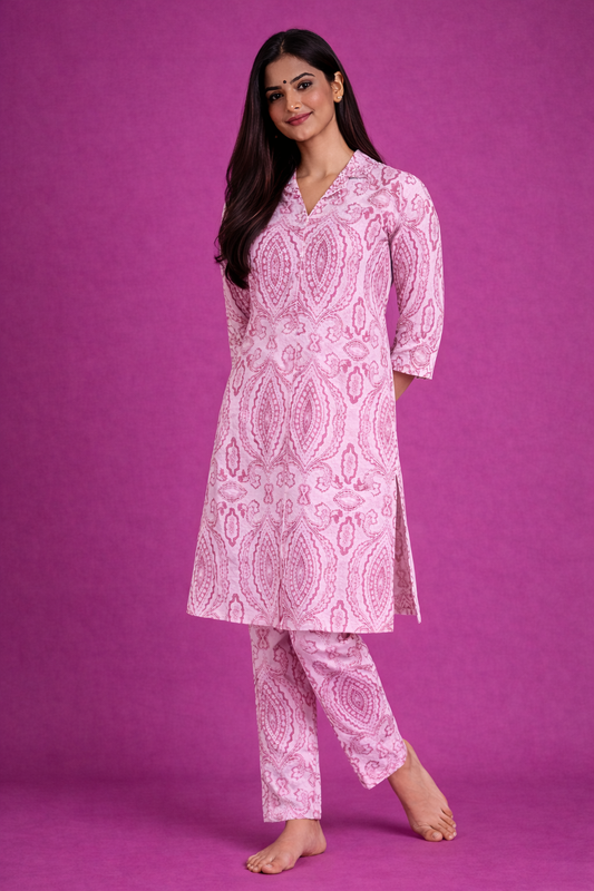 Women’s Premium Cotton Printed Kurta Pant Set – Pink Paisley