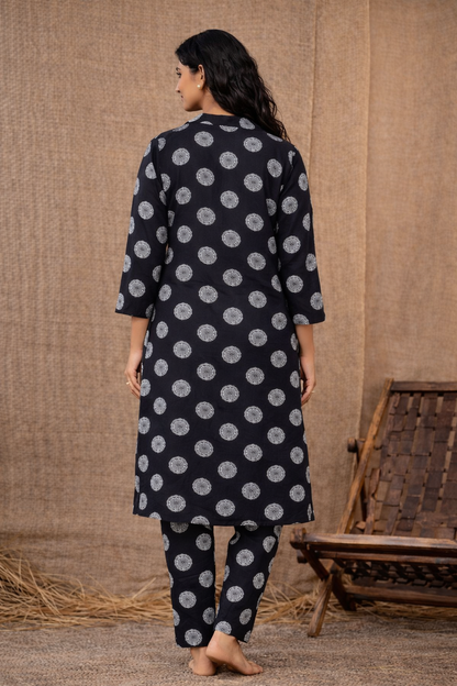 Women’s Premium Cotton Printed Kurta Pant Set – Black Medallion