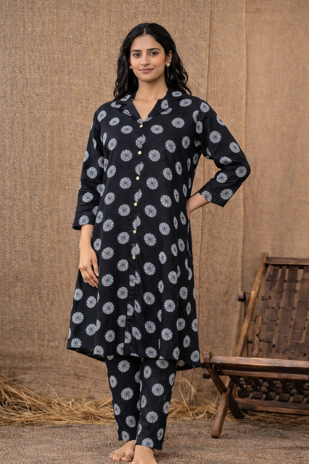 Women’s Premium Cotton Printed Kurta Pant Set – Black Medallion
