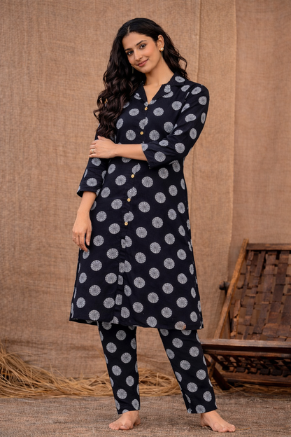 Women’s Premium Cotton Printed Kurta Pant Set – Black Medallion