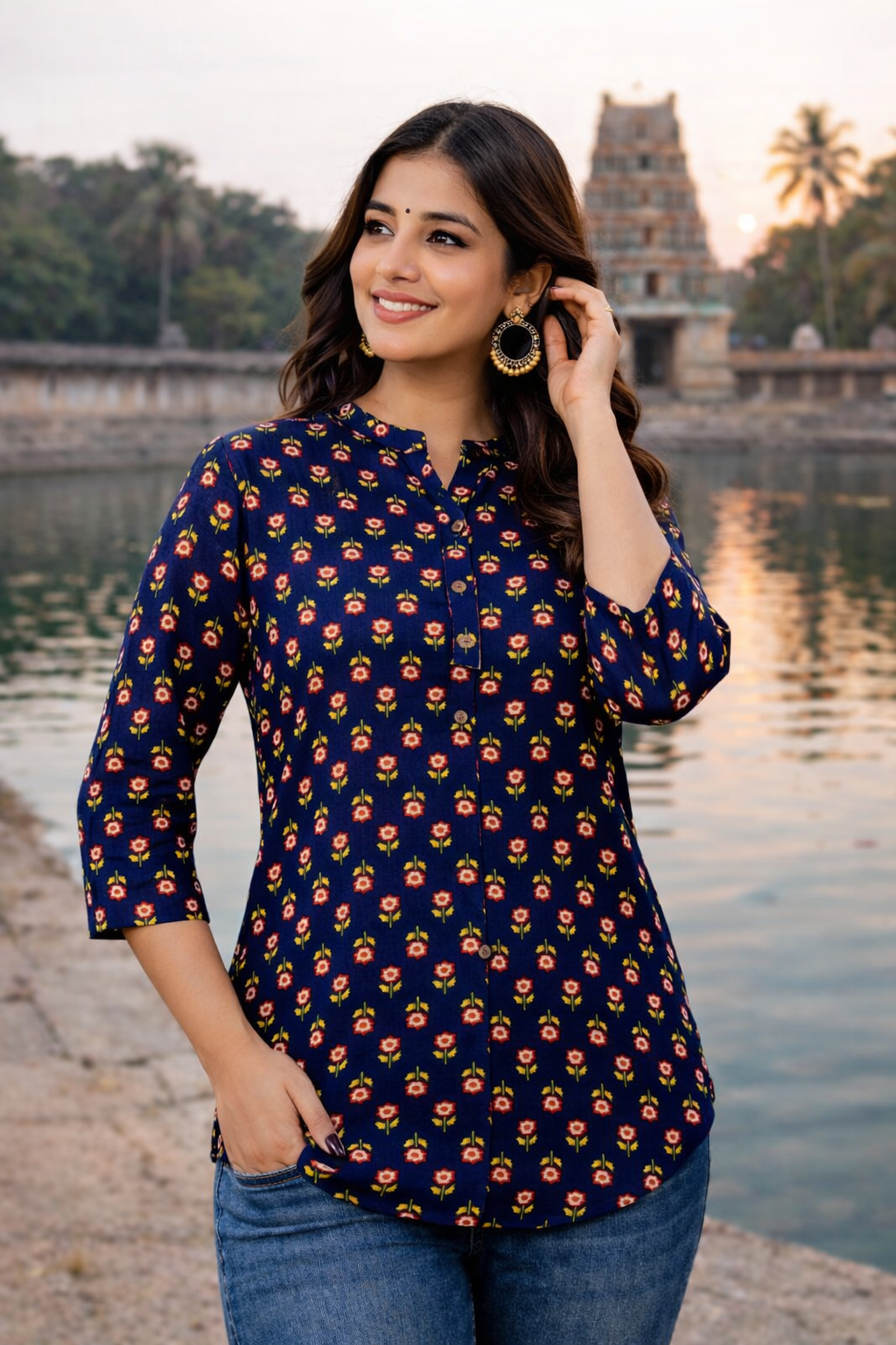 Navy Blue Floral Printed Regular Top | Premium Cotton | 3/4th Sleeves