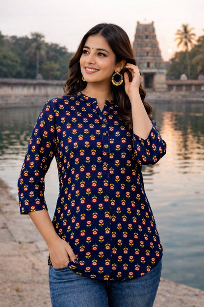Navy Blue Floral Printed Regular Top | Premium Cotton | 3/4th Sleeves