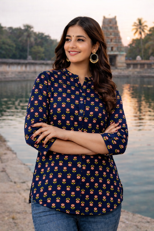 Navy Blue Floral Printed Regular Top | Premium Cotton | 3/4th Sleeves