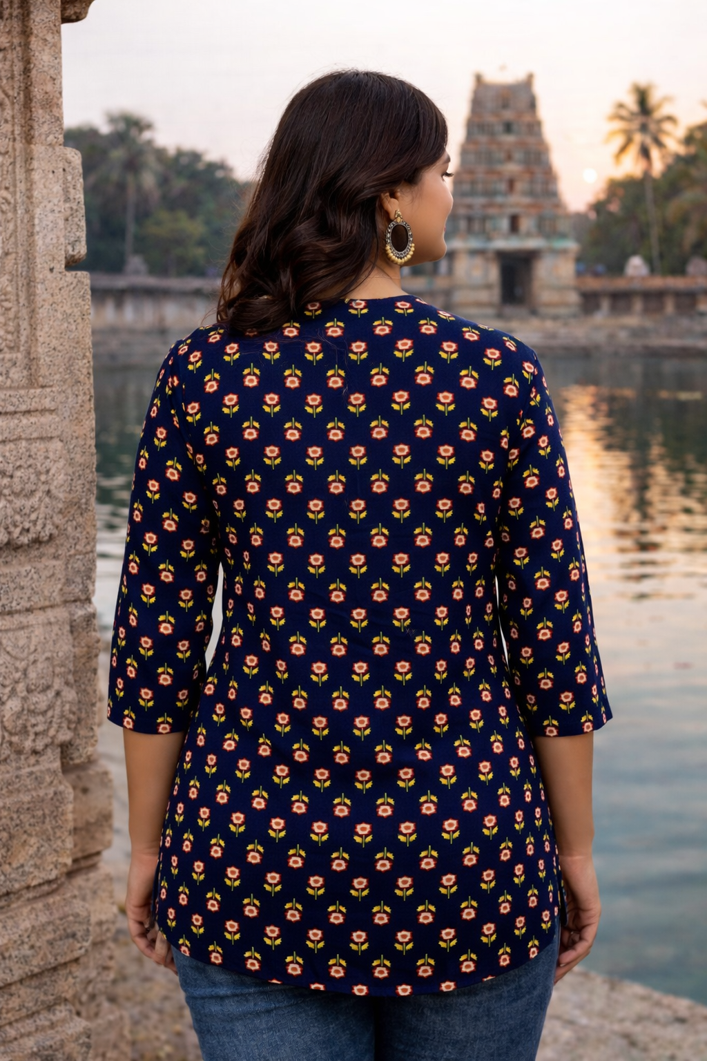 Navy Blue Floral Printed Regular Top | Premium Cotton | 3/4th Sleeves