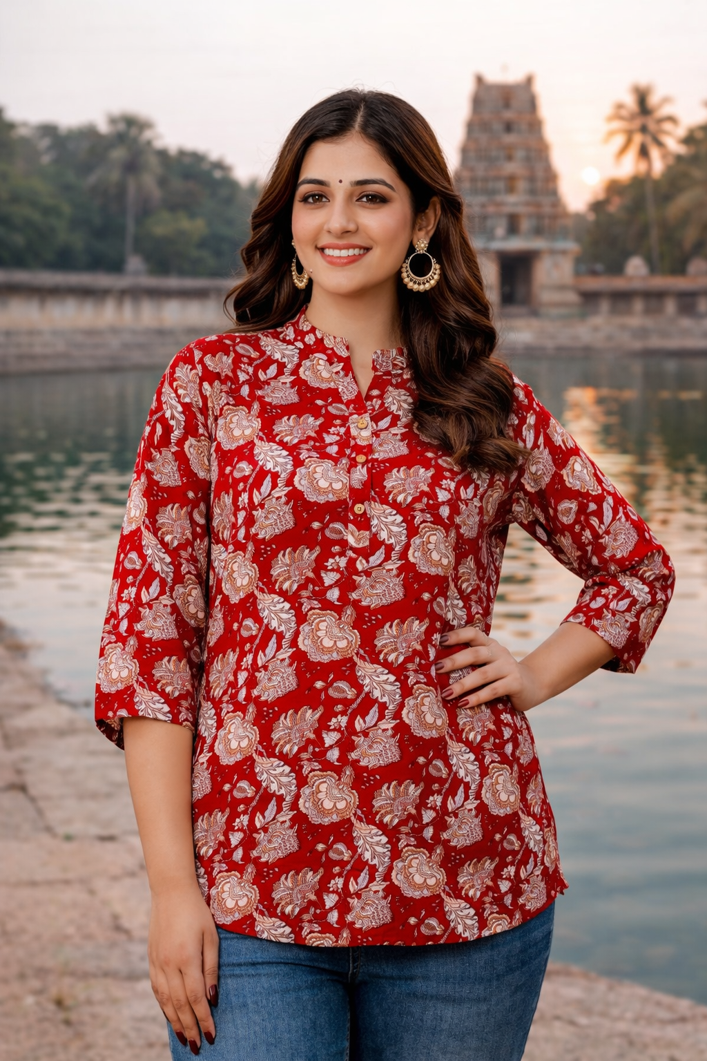 Red Floral Printed Regular Top | Premium Cotton | 3/4th Sleeves