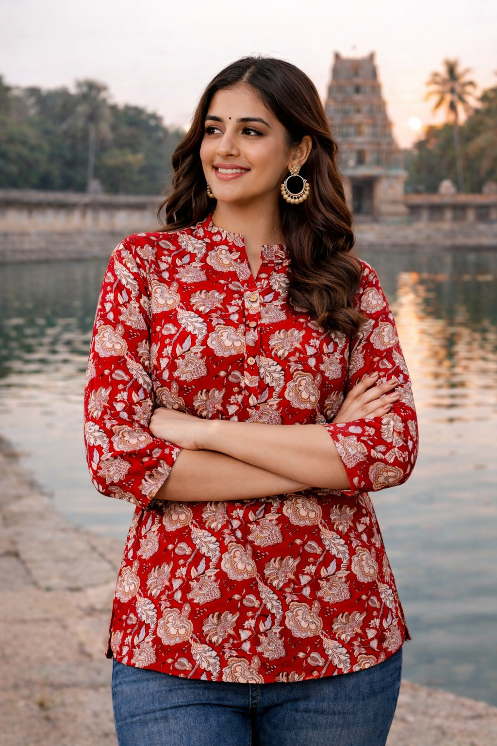 Red Floral Printed Regular Top | Premium Cotton | 3/4th Sleeves