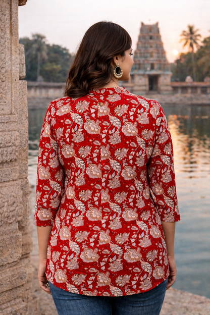 Red Floral Printed Regular Top | Premium Cotton | 3/4th Sleeves