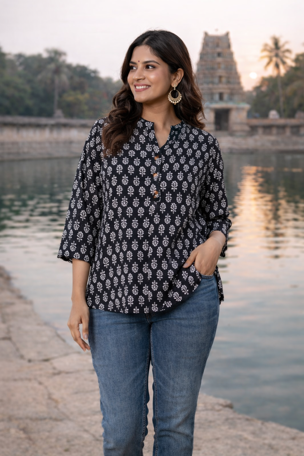 Black Ethnic Printed Regular Top | Premium Cotton | 3/4th Sleeves