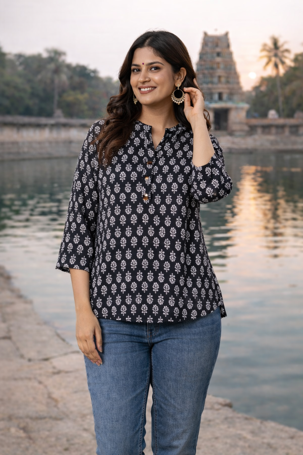 Black Ethnic Printed Regular Top | Premium Cotton | 3/4th Sleeves