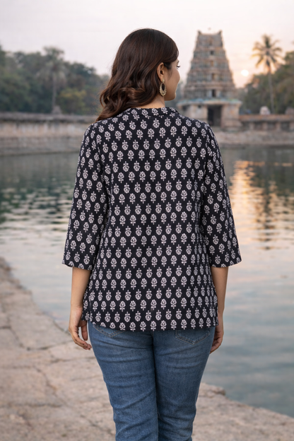 Black Ethnic Printed Regular Top | Premium Cotton | 3/4th Sleeves