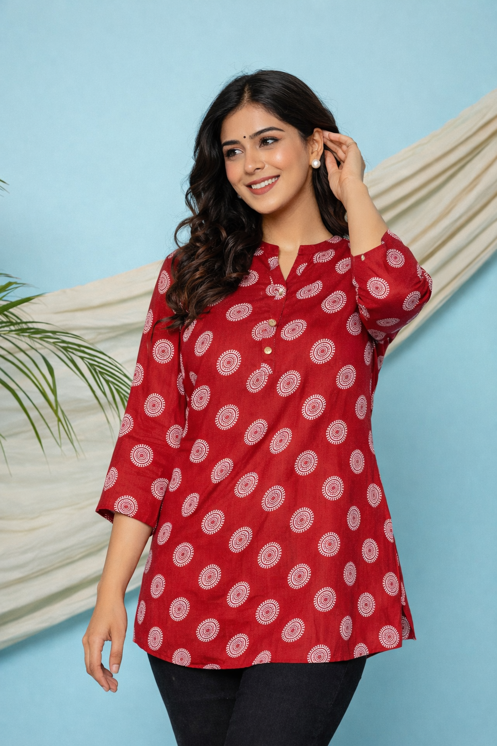 Red Ethnic Printed Regular Top | Premium Cotton | 3/4th Sleeves