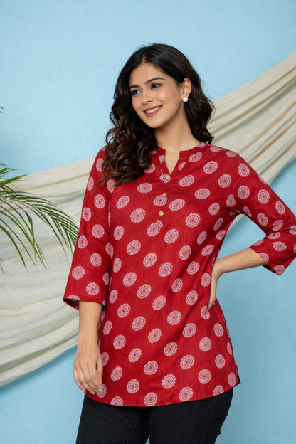 Red Ethnic Printed Regular Top | Premium Cotton | 3/4th Sleeves