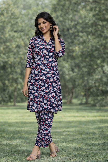 Women’s Navy Blue Floral Printed Kurta Set – Premium Soft Cotton | 2-Piece Set