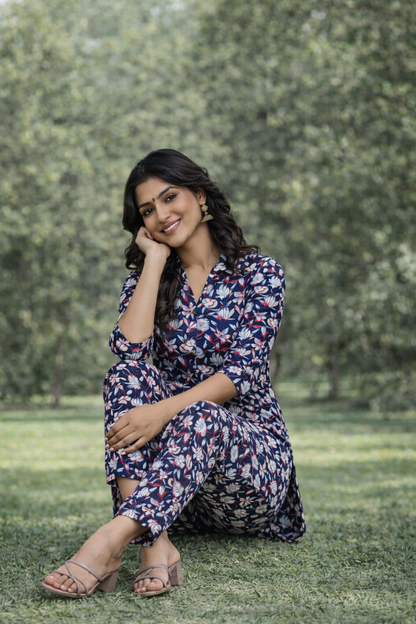 Women’s Navy Blue Floral Printed Kurta Set – Premium Soft Cotton | 2-Piece Set