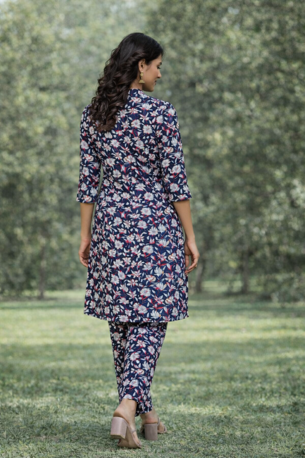 Women’s Navy Blue Floral Printed Kurta Set – Premium Soft Cotton | 2-Piece Set