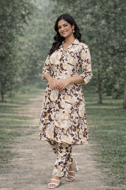 Women’s Cream & Brown Floral Printed Kurta Set – Premium Soft Cotton | 2-Piece Set