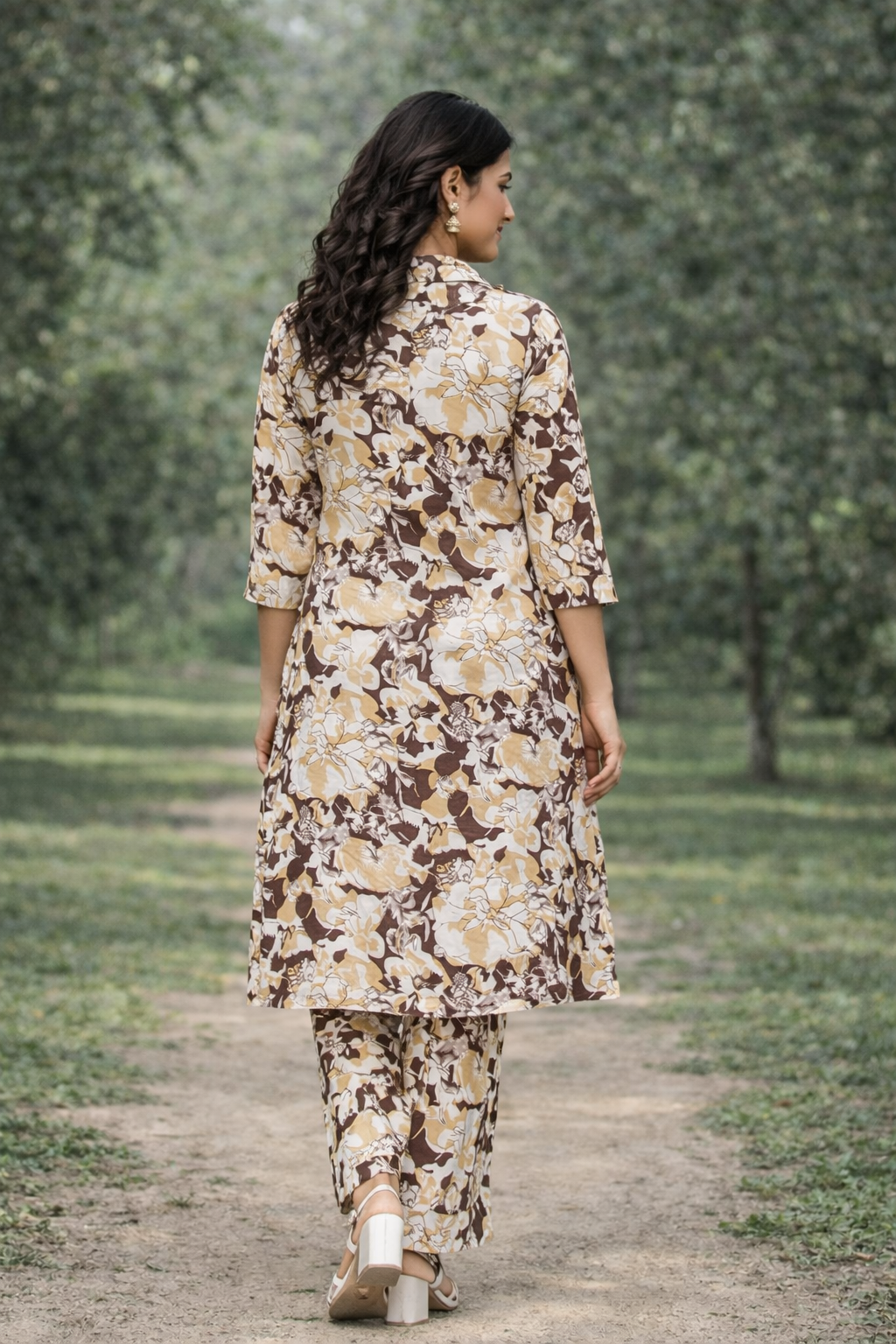 Women’s Cream & Brown Floral Printed Kurta Set – Premium Soft Cotton | 2-Piece Set