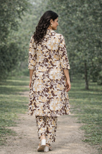Women’s Cream & Brown Floral Printed Kurta Set – Premium Soft Cotton | 2-Piece Set