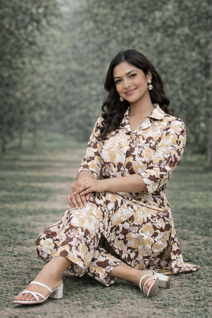 Women’s Cream & Brown Floral Printed Kurta Set – Premium Soft Cotton | 2-Piece Set