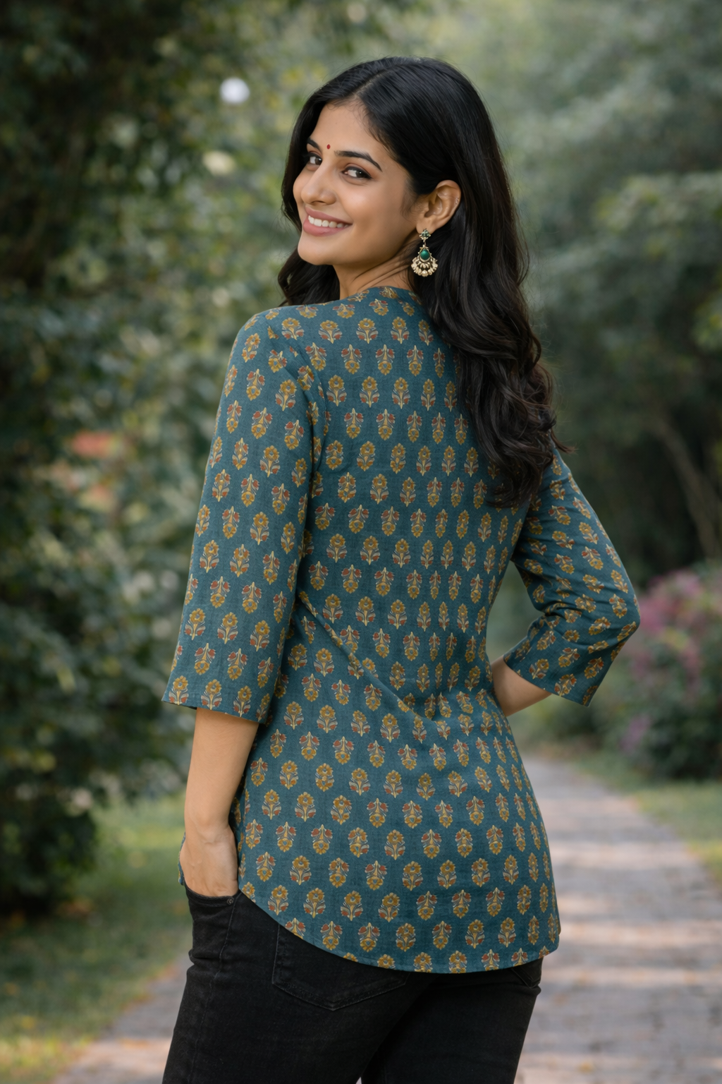 Women’s Printed Cotton Kurti | Teal Green Ethnic Daily Wear Top