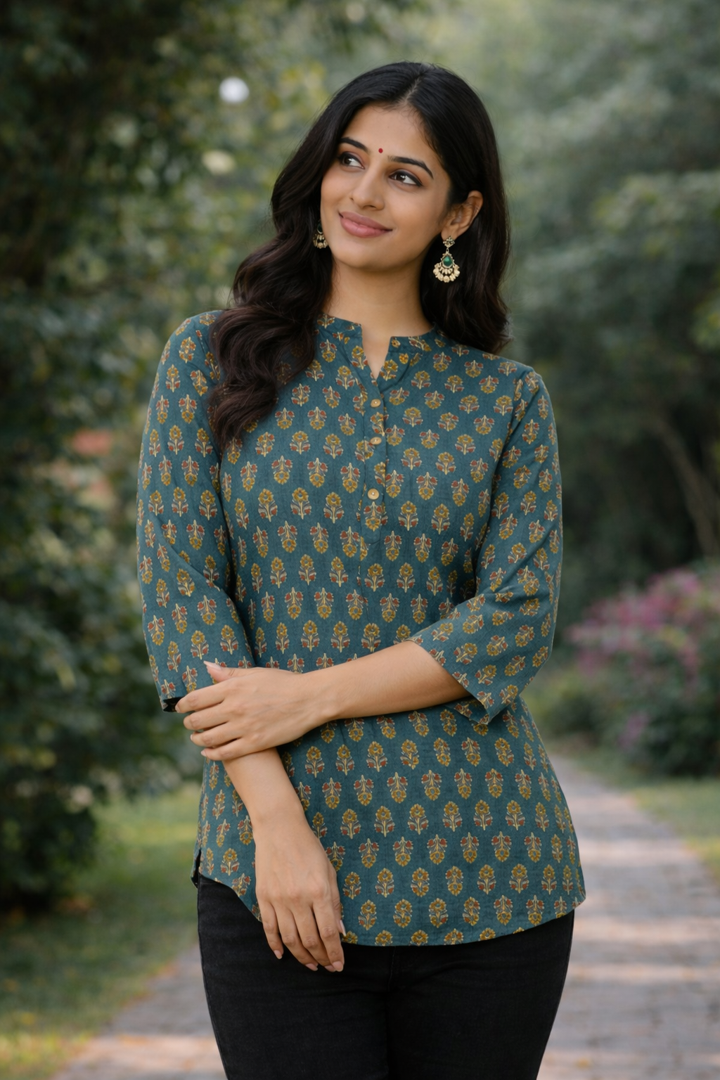 Women’s Printed Cotton Kurti | Teal Green Ethnic Daily Wear Top