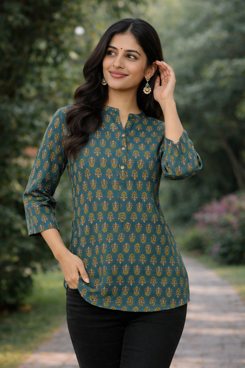 Women’s Printed Cotton Kurti | Teal Green Ethnic Daily Wear Top