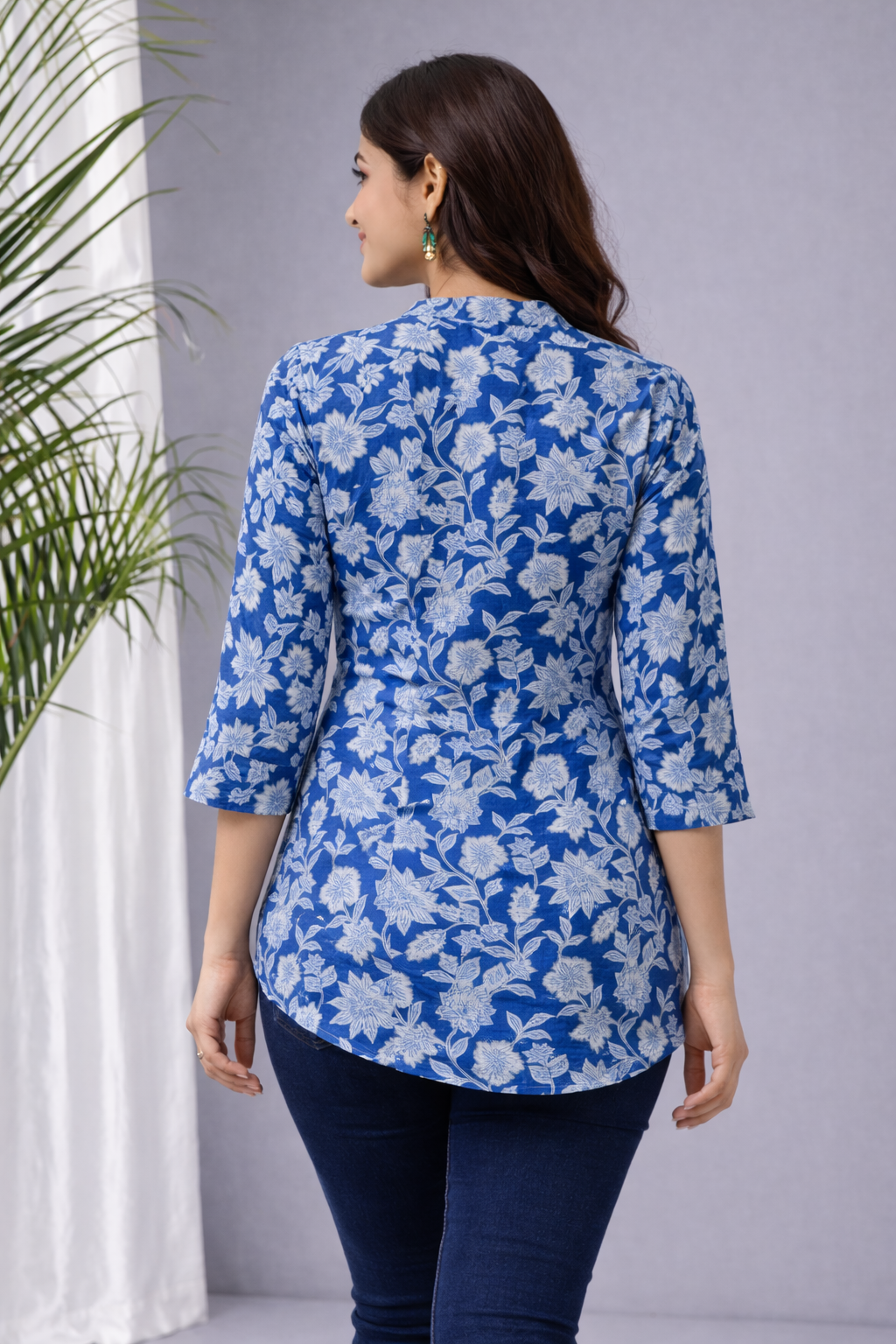 Women’s Blue Printed Cotton Kurti | 3/4 Sleeve Everyday Wear Top