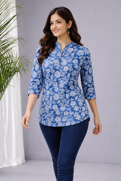 Women’s Blue Printed Cotton Kurti | 3/4 Sleeve Everyday Wear Top