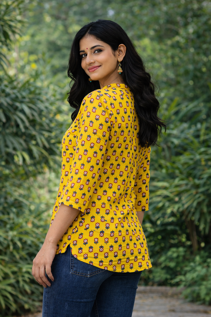 Women’s Yellow Printed Cotton Kurti | 3/4 Sleeve Casual Wear Top