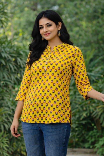 Women’s Yellow Printed Cotton Kurti | 3/4 Sleeve Casual Wear Top