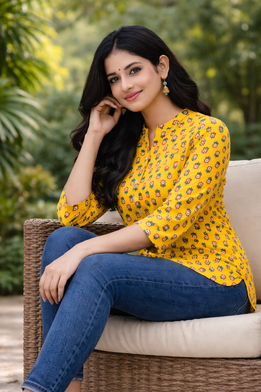 Women’s Yellow Printed Cotton Kurti | 3/4 Sleeve Casual Wear Top