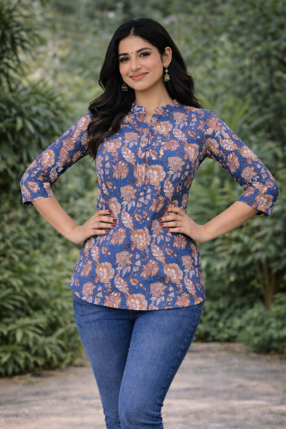 Women’s Blue Floral Printed Cotton Kurti | 3/4 Sleeve Casual Wear Top