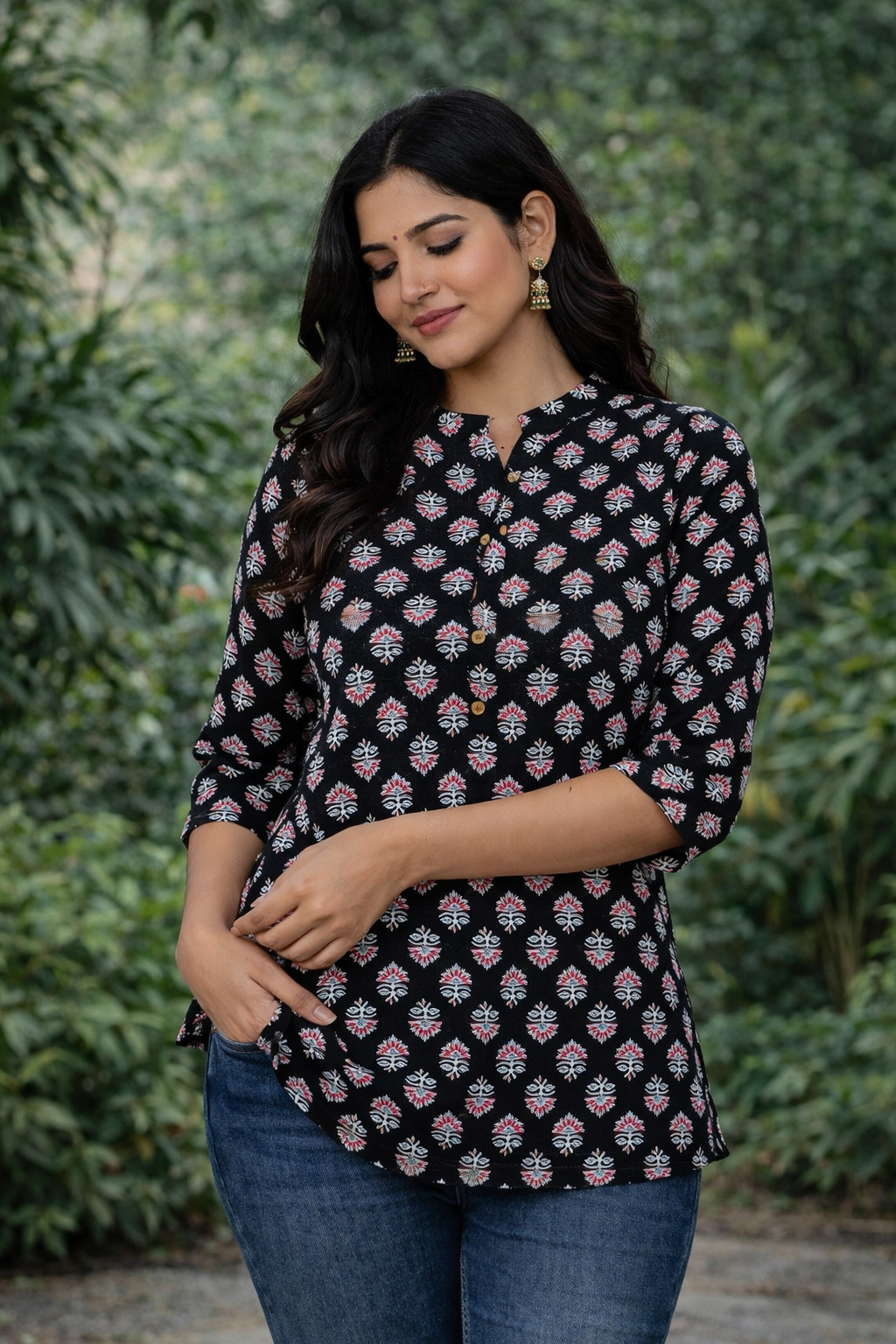 Women’s Black Floral Printed Cotton Kurti | 3/4 Sleeve Everyday Wear Top