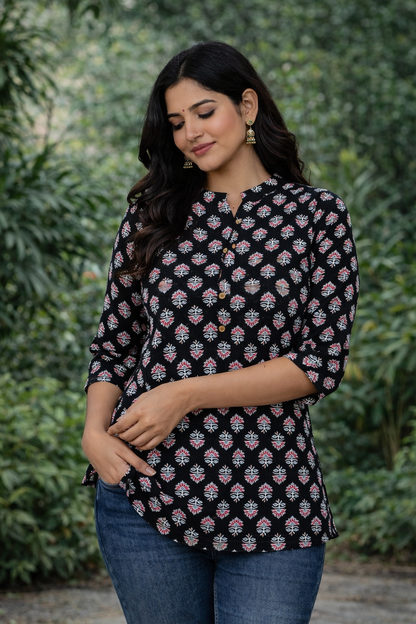 Women’s Black Floral Printed Cotton Kurti | 3/4 Sleeve Everyday Wear Top