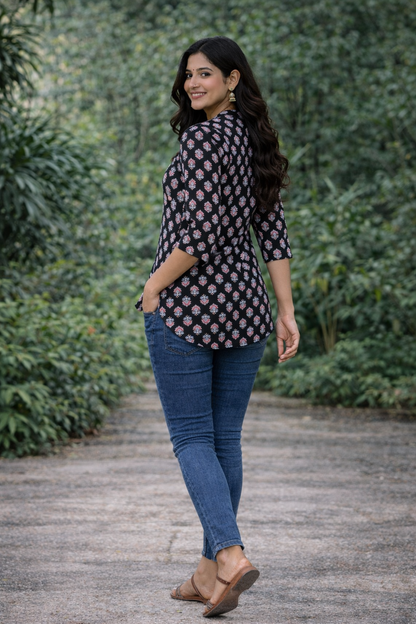 Women’s Black Floral Printed Cotton Kurti | 3/4 Sleeve Everyday Wear Top
