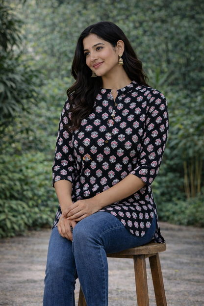 Women’s Black Floral Printed Cotton Kurti | 3/4 Sleeve Everyday Wear Top