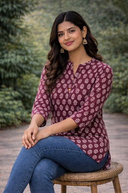 Women’s Maroon Printed Cotton Kurti | 3/4 Sleeve Everyday Wear Top