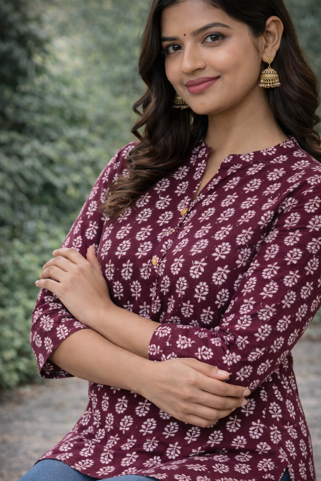 Women’s Maroon Printed Cotton Kurti | 3/4 Sleeve Everyday Wear Top