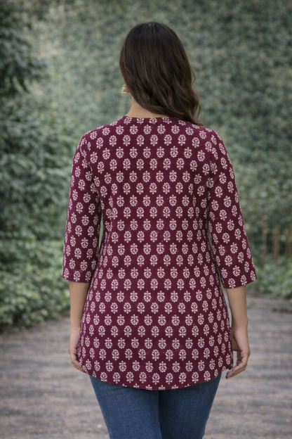 Women’s Maroon Printed Cotton Kurti | 3/4 Sleeve Everyday Wear Top