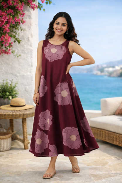 Magenta Floral Printed Fit & Flare Cotton Stitched Dress