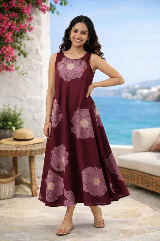 Magenta Floral Printed Fit & Flare Cotton Stitched Dress