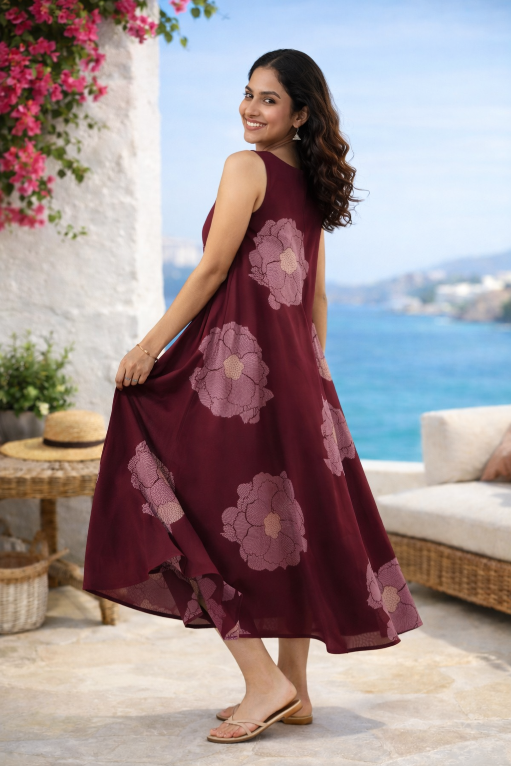 Magenta Floral Printed Fit & Flare Cotton Stitched Dress