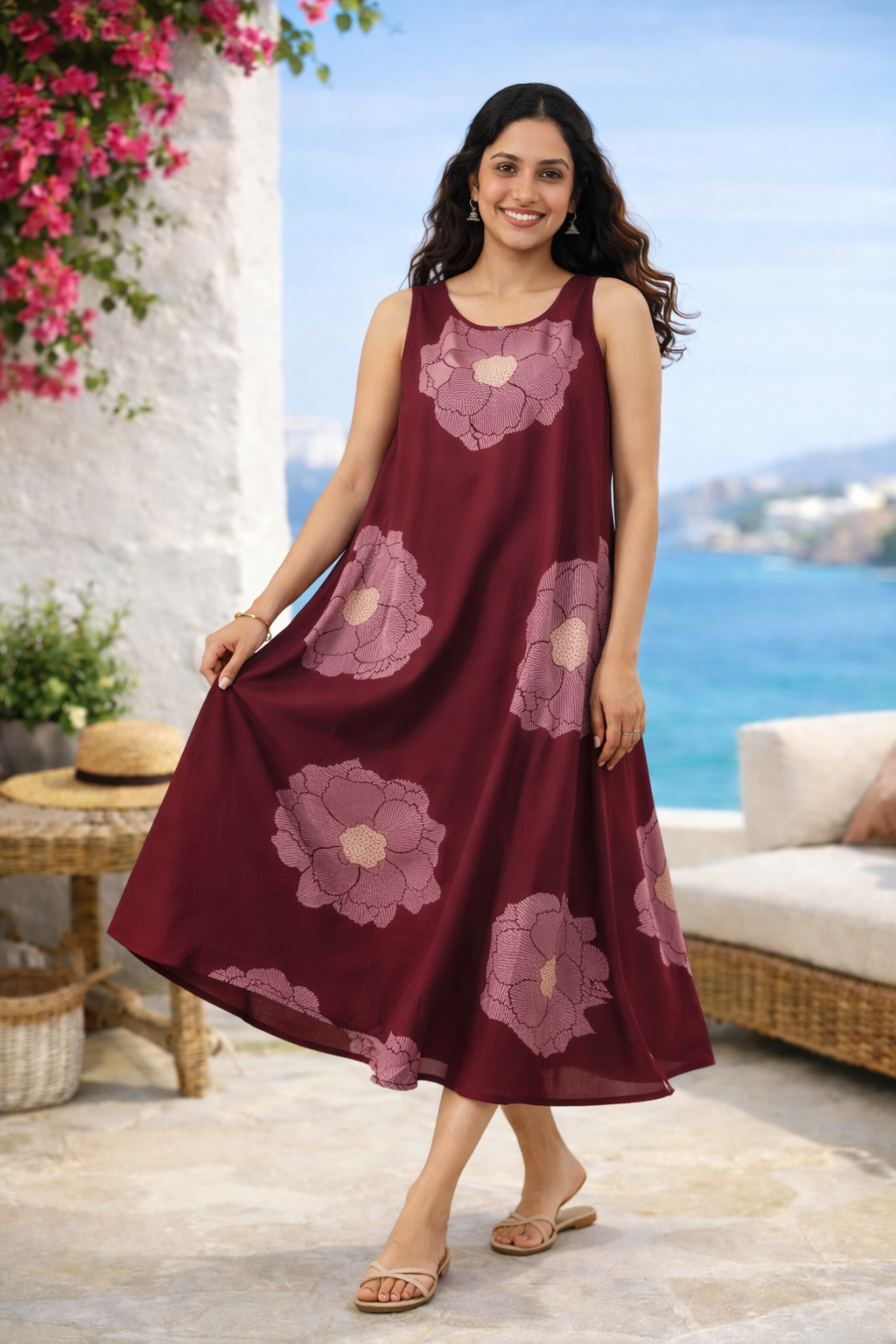Magenta Floral Printed Fit & Flare Cotton Stitched Dress