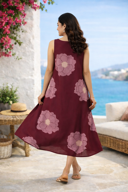 Magenta Floral Printed Fit & Flare Cotton Stitched Dress