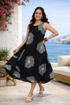 Black Floral Printed Fit & Flare Cotton Stitched Dress