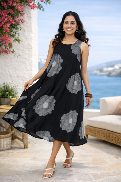 Black Floral Printed Fit & Flare Cotton Stitched Dress